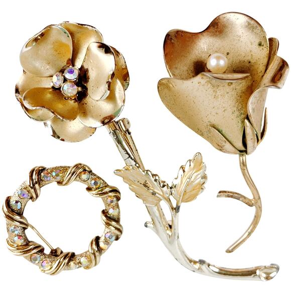 VTG Mid Century Brooch Lot of 3 Floral Faux Pearl Rhinestone Gold Tone Pins - Picture 1 of 13